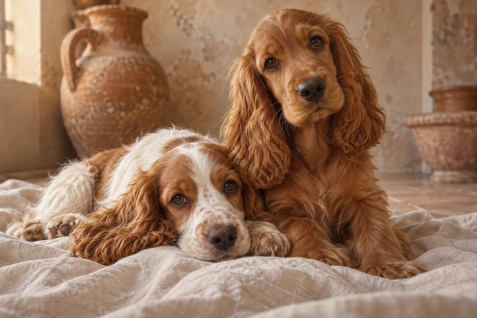 Fotografia illustrativa: due cuccioli di Cocker Spaniel Inglese su un divano di lino
