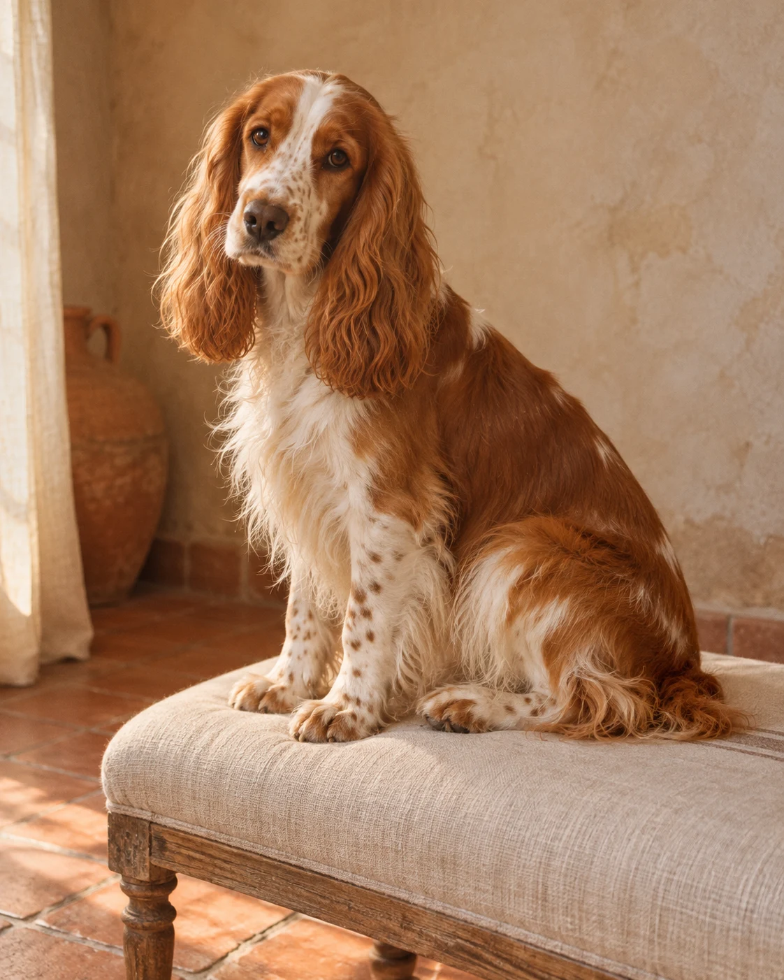 Fotografia illustrativa: Cocker Spaniel Inglese bianco arancio in una casa toscana